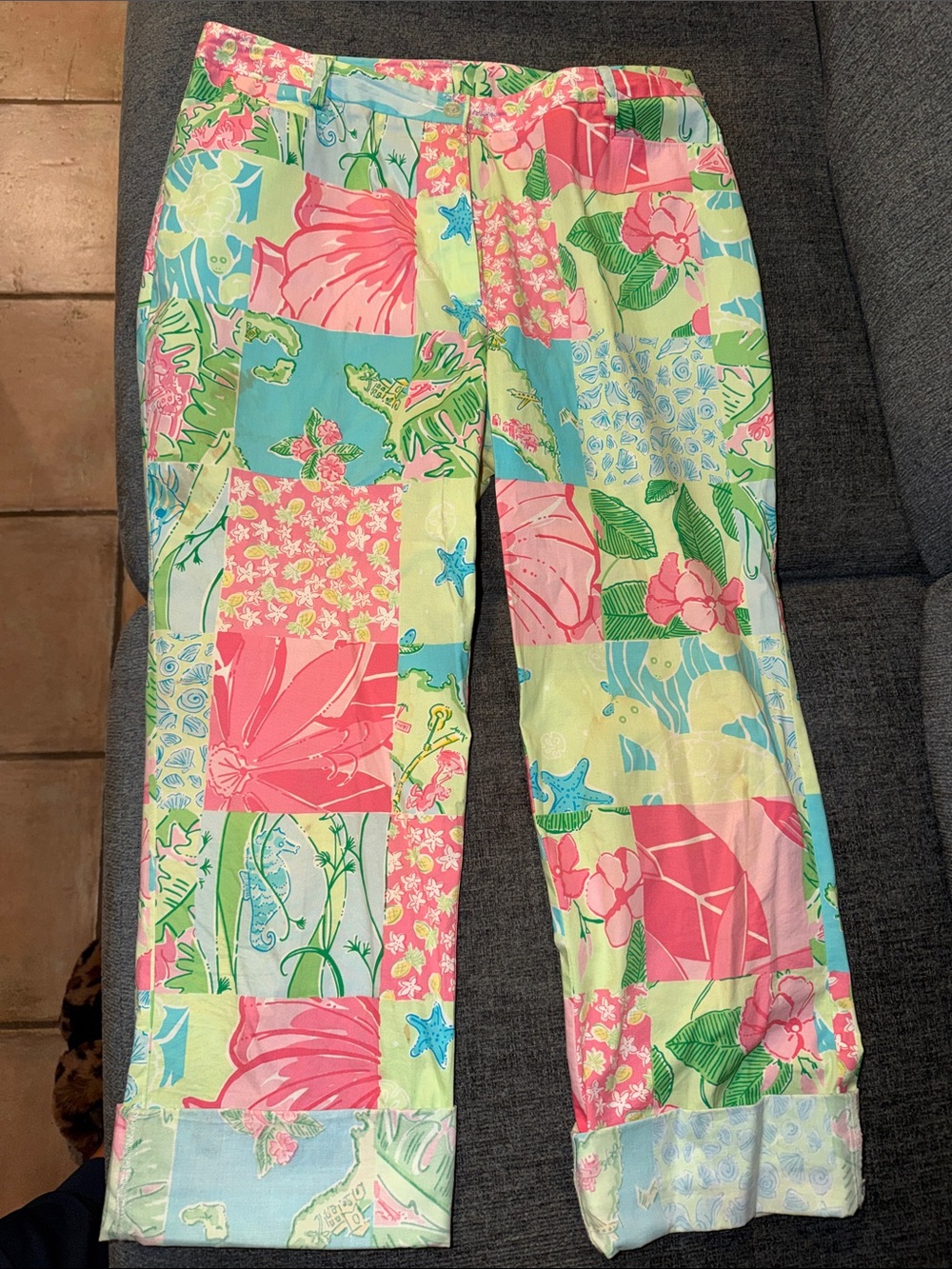 Lilly Pulitzer Colorblock Floral Patchwork Pants - Pink, Green & Blue